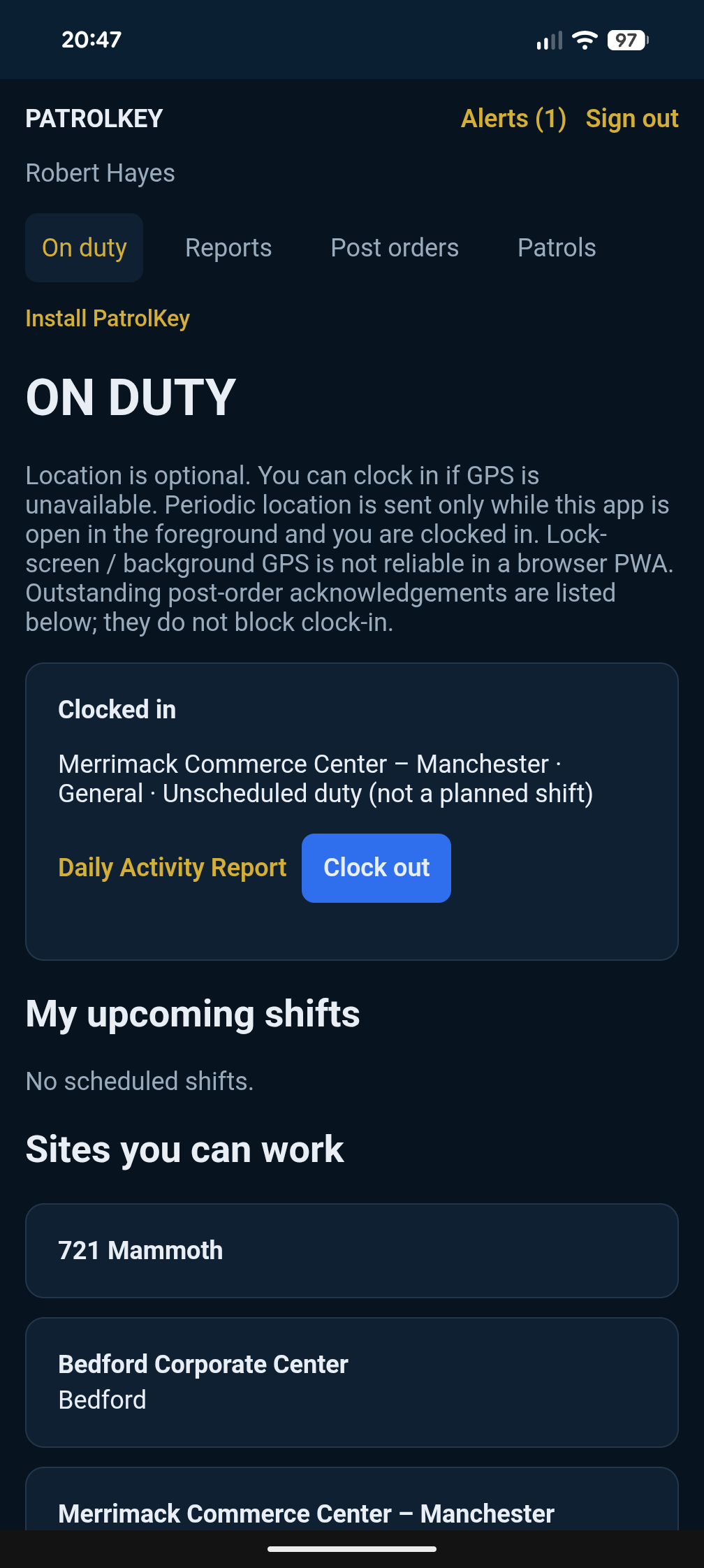 PatrolKey officer mobile On Duty screen showing clock-in, Daily Activity Report, upcoming shifts, and work sites