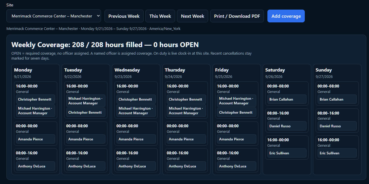 PatrolKey weekly coverage board showing filled hours and open coverage