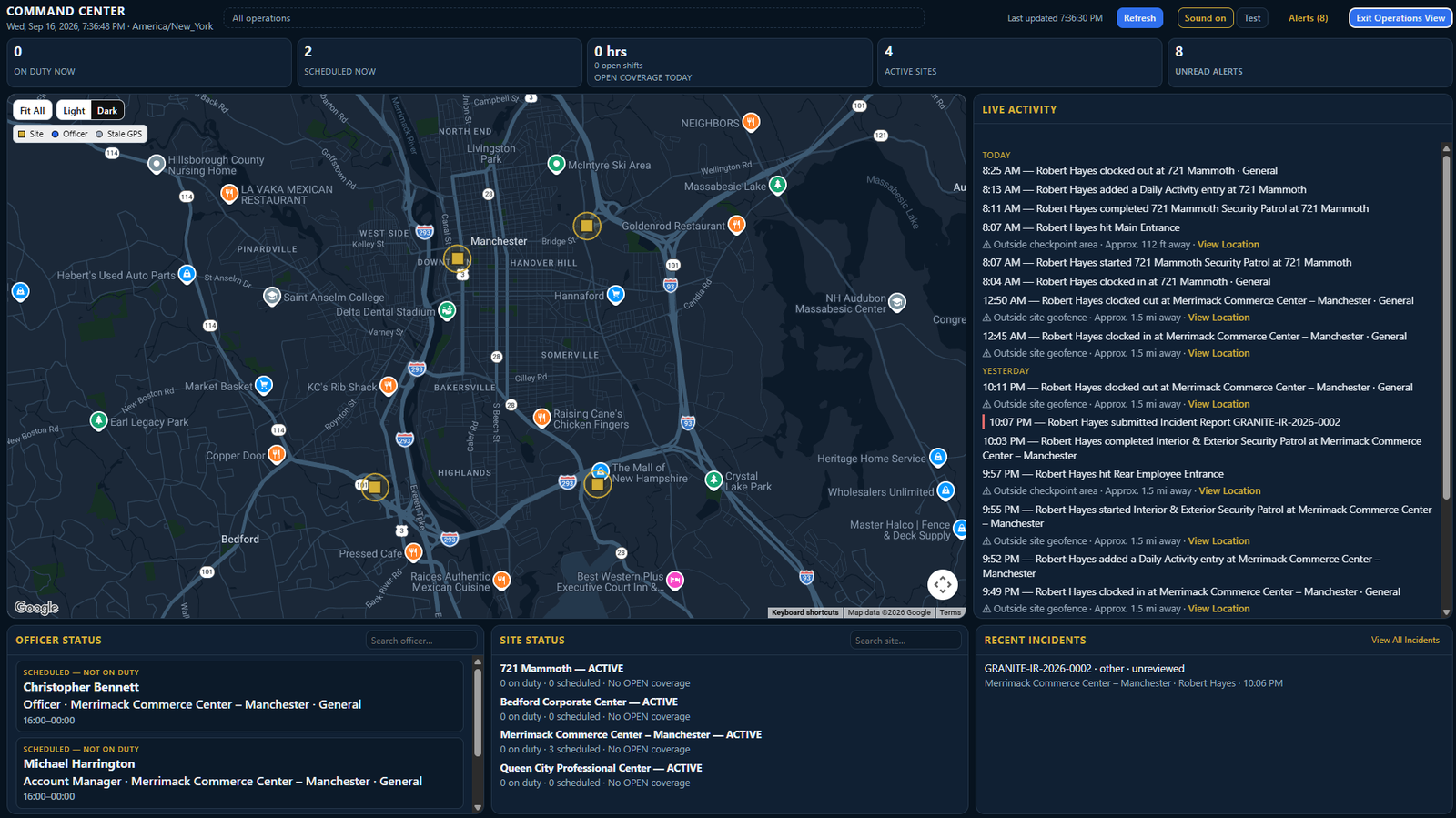 PatrolKey Command Center with live map, officers on duty, site status, and activity